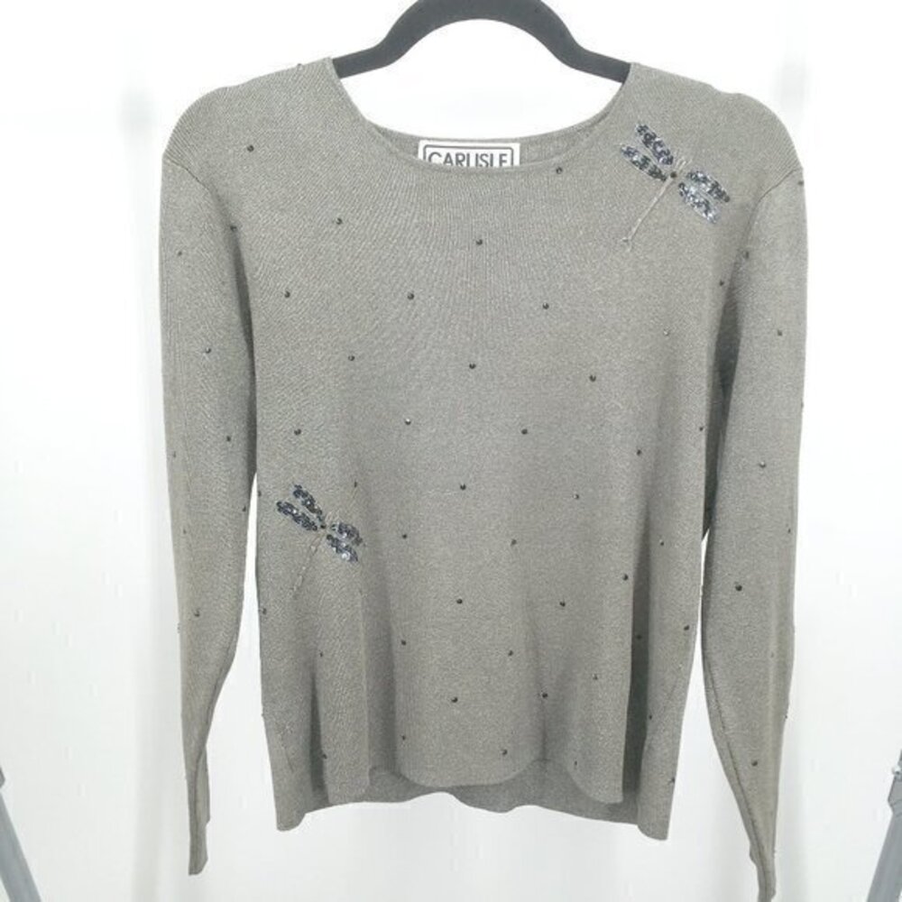 VTG 90s Carlisle Firefly Metallic Shimmer Scoop Neck Silk-Blend Knit Top MSilver